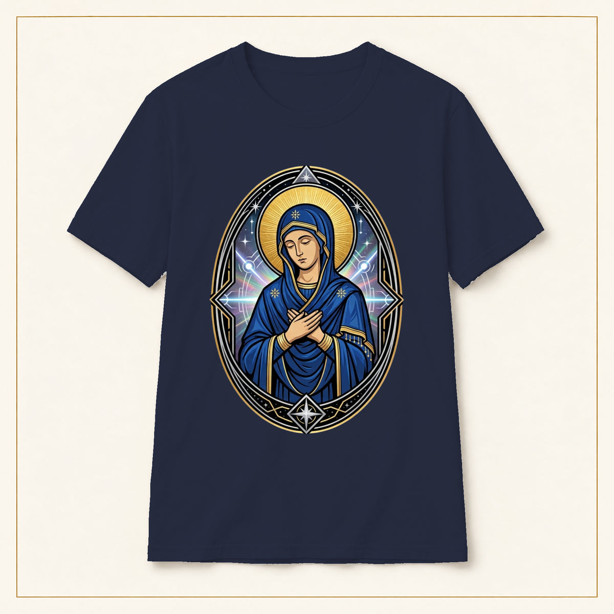 Virgin Mary T-Shirt — Sacred Icon — compact lay-flat, original print scale and placement — Navy