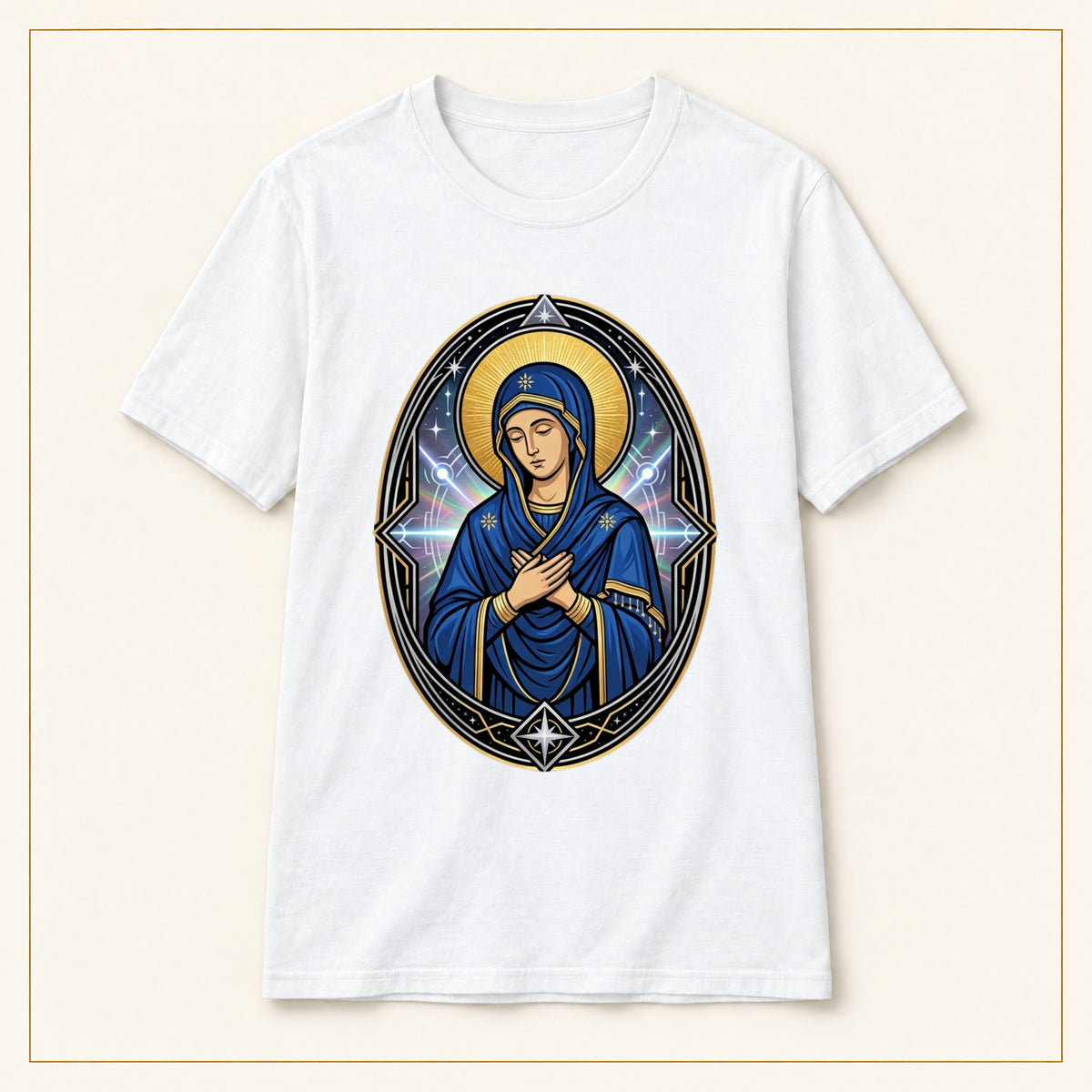Virgin Mary T-Shirt — Sacred Icon — compact lay-flat, original print scale and placement — White