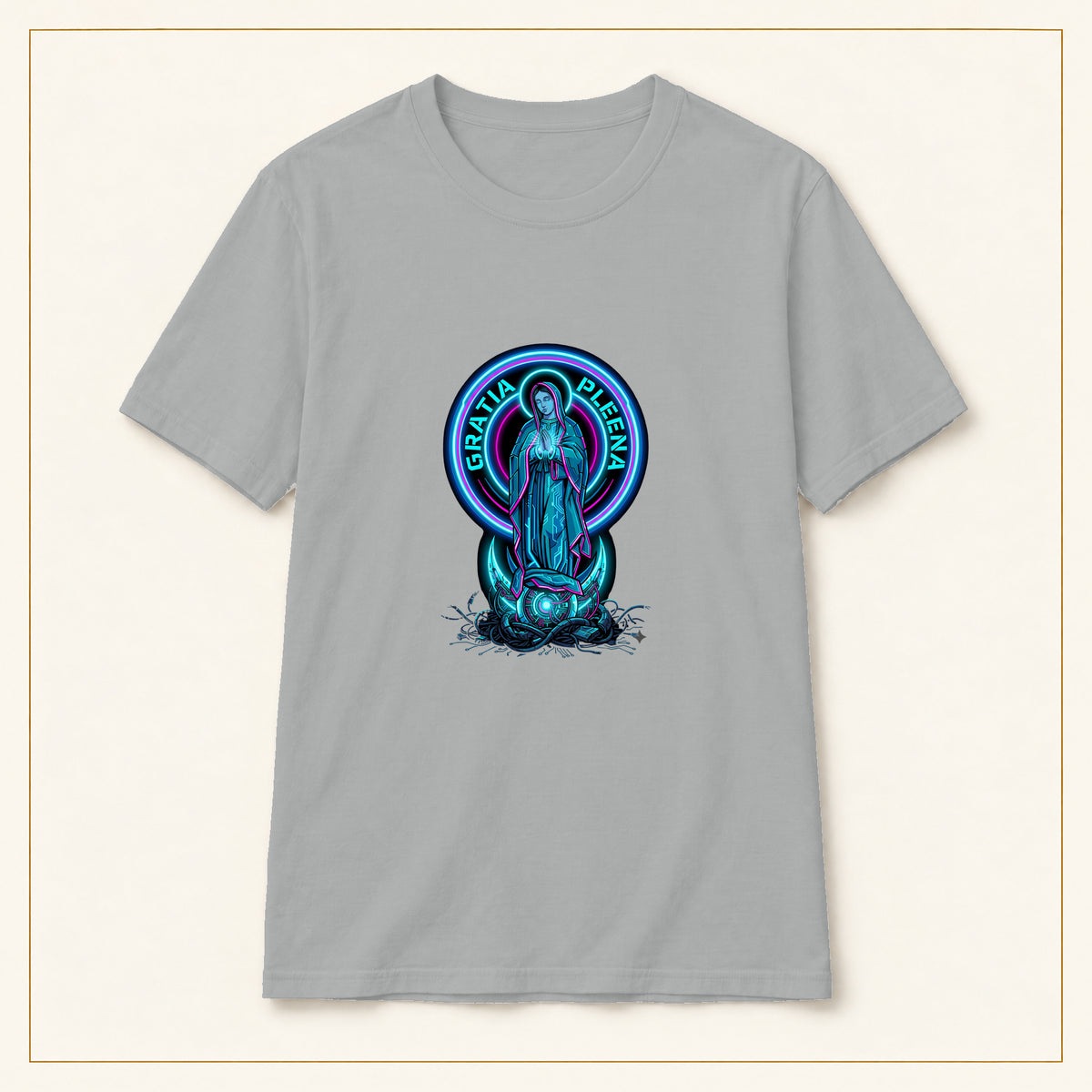 Gratia Plena T-Shirt — Neon Virgin Mary — compact lay-flat, production print scale and placement — Sport Grey