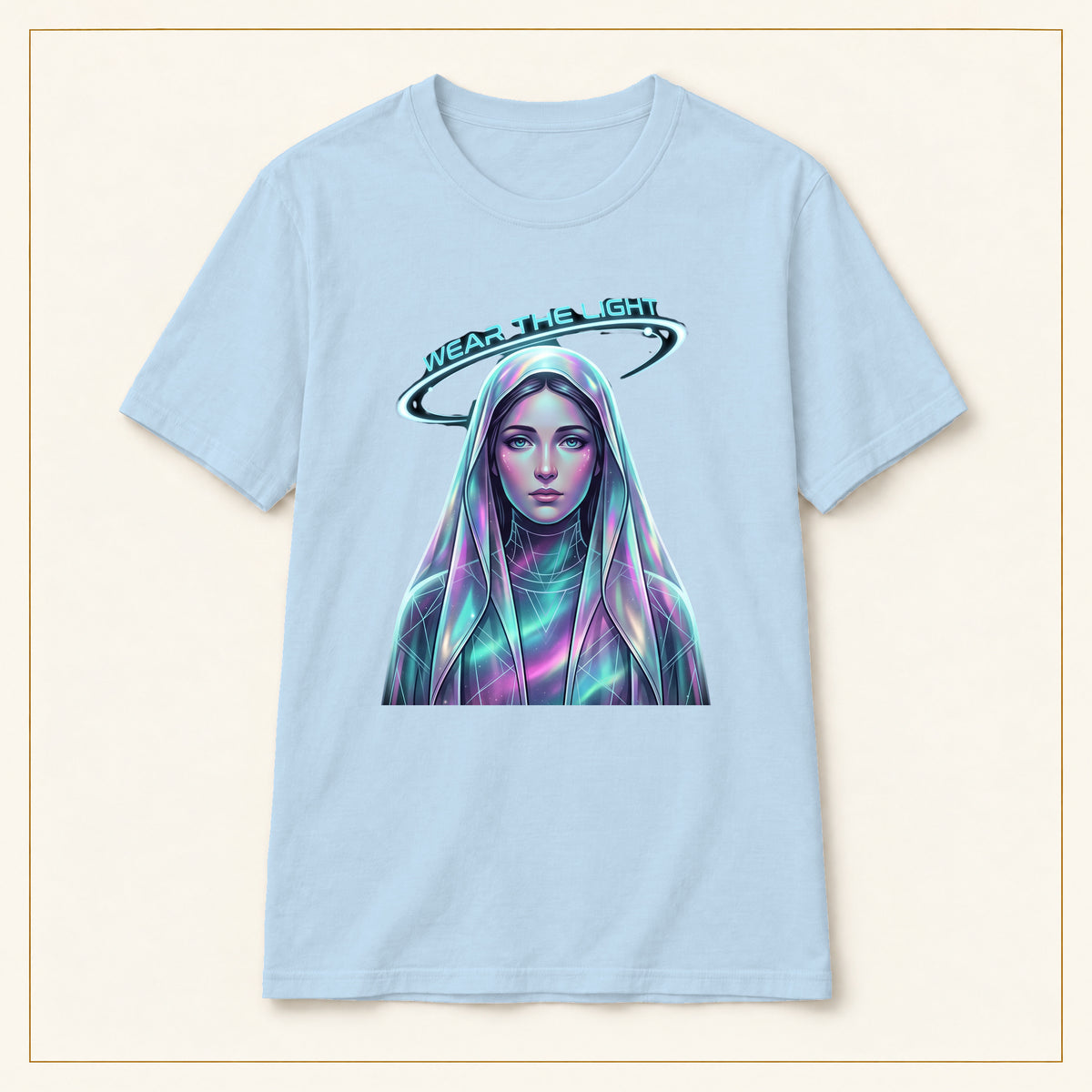 Neon Halo Portrait T-Shirt — Wear the Light — compact lay-flat, production print scale and placement — Light Blue
