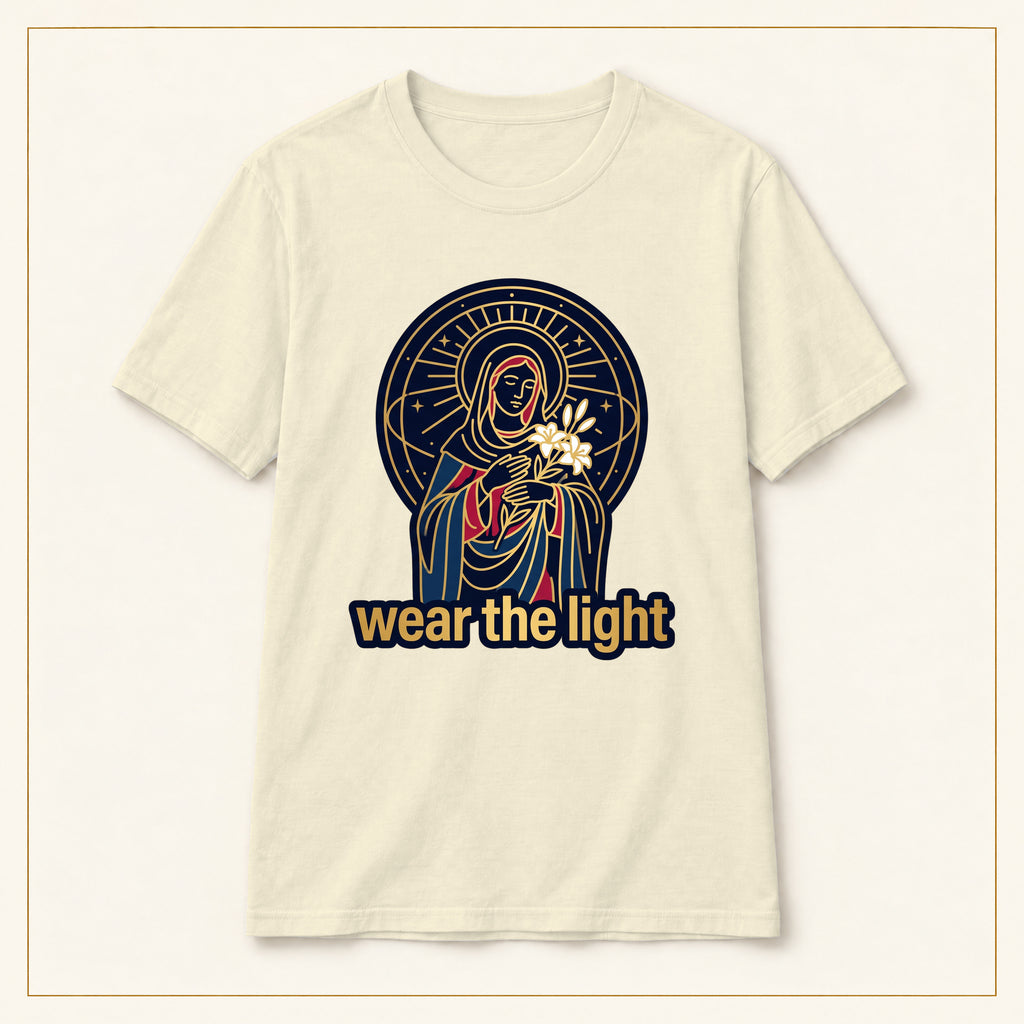 Radiant Madonna T-Shirt — Wear the Light — compact lay-flat, production print scale and placement — Natural