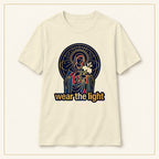 Radiant Madonna T-Shirt — Wear the Light — compact lay-flat, production print scale and placement — Natural
