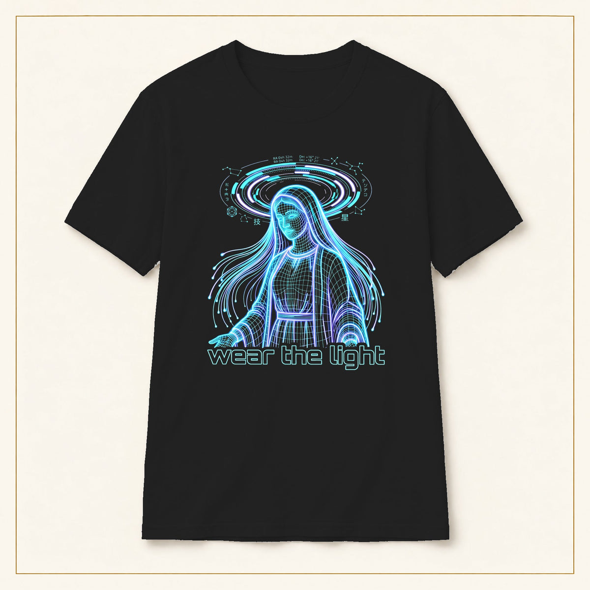 Ethereal Water Spirit T-Shirt — Blue Illustration — black shirt on warm limestone with gold frame
