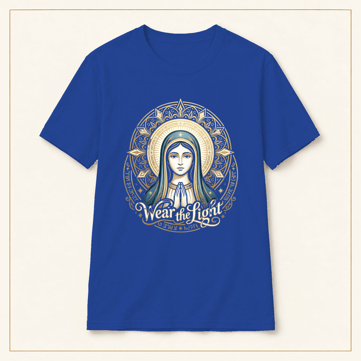 Virgin Mary Mandala T-Shirt — Sacred Geometry — compact lay-flat, production print scale and placement — Royal