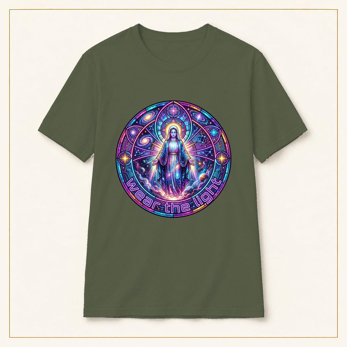 Mystic Madonna T-Shirt — Cosmic Stained Glass — compact lay-flat, production print scale and placement — Military Green