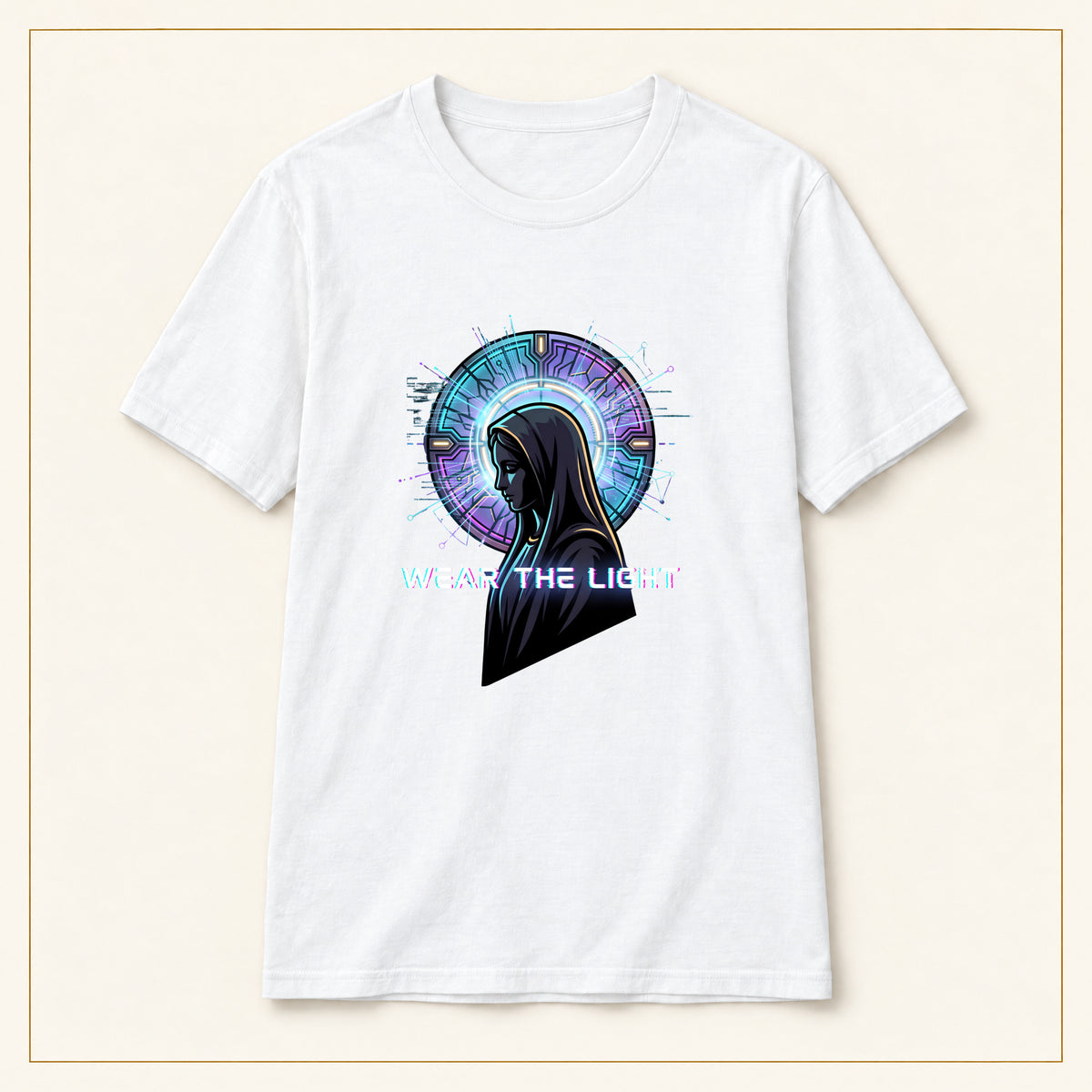 Sci-Fi Halo T-Shirt — Embrace the Light — compact lay-flat, production print scale and placement — White